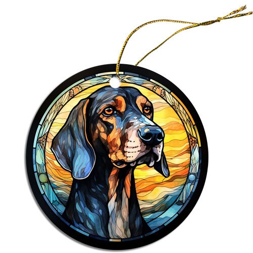 Stained glass style Christmas ornament featuring a Coonhound, showcasing vibrant colors and intricate design.